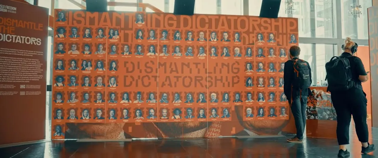 The Dismantling Dictatorship installation at the 2026 Oslo Freedom Forum, portraits of dissidents and political prisoners