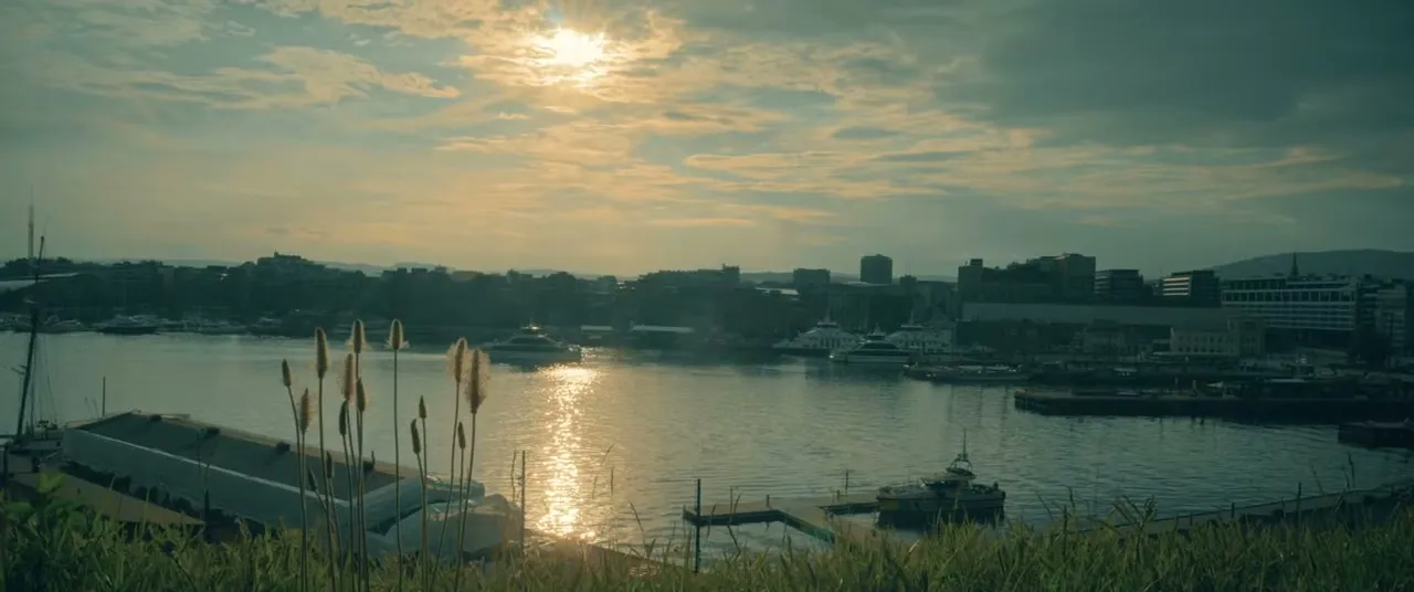 Oslo waterfront at dusk, filmed during the 2026 Oslo Freedom Forum